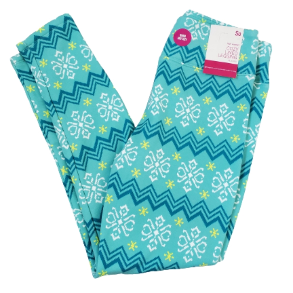 So girls cozy plush fleece lined leggings, sz xl 14-16, green/ Blue